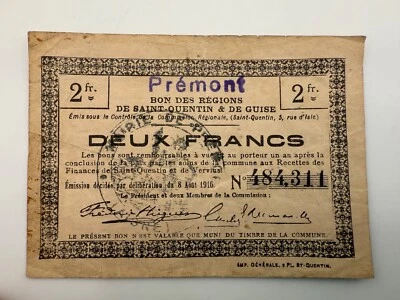 1916 Франция 2 франка Premont чрезвычайный выпуск JP1418 примечание SPC785 - Изображение 1 из 2