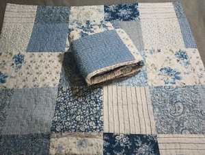 Laura Ashley Paisley Patchwork Quilted Pillow Shams Set Blue White Cotton - Picture 1 of 8
