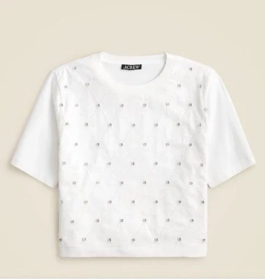 Nueva camiseta recortada J Crew M relajada adornada con celosía blanca CD143 cuadrada Foto 1 de 4