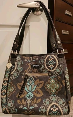 Cartera Spartina 449 Daufuski Marrón Oliva Lino Cuero Floral Grande 11"x11.75" Foto 1 de 4