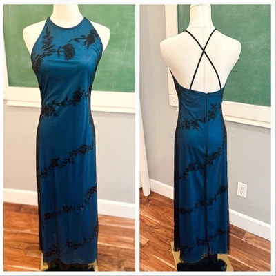 VTG 90s Cache Gown Blue and Black semi formal size 6 EUC - Image 1 of 4