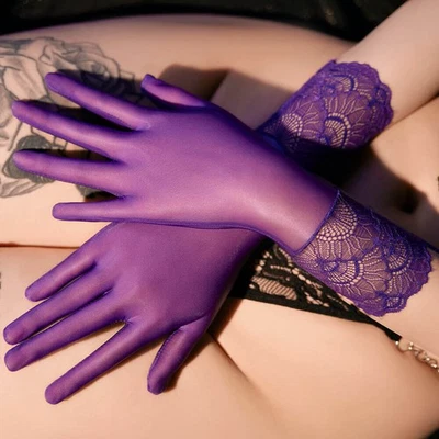 Guantes cortos de muñeca de encaje brillantes sedosos transparentes para mujeres guantes elásticos para fiesta de graduación de graduación de novia Foto 1 de 2