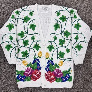 Cárdigan Suéter Vintage Años 90 Marisa Christina Grueso Tejido a Mano Floral Flores - Imagen 1 de 11