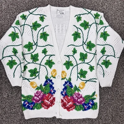 Vintage 90s Marisa Christina Chunky Hand Knit Floral Flowers Sweater Cardigan - Image 1 of 4