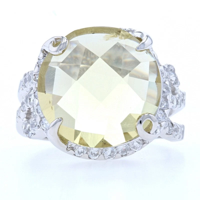 Argento Sterling Limone Quarzo E Zircone Cubico Halo Anello - 925 Rotondo - Immagine 1 di 4