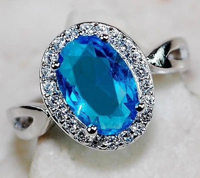 Anillo de plata esterlina maciza 925 aguamarina y topacio de 3 quilates joyería talla 8 U3-1 Foto 1 de 2