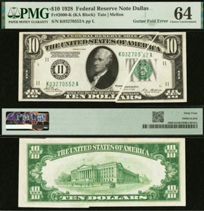 1928 $10 FRN Dallas PMG 64 - Rare Gutter Fold Error - Gold on Demand Collectible - Picture 1 of 3