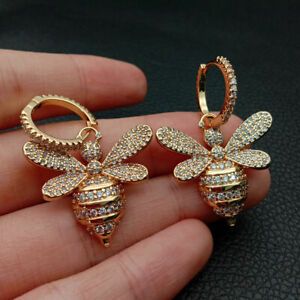 cubic zirconia pave gold plated  hoop earrings bee  charm eardrop jewelry