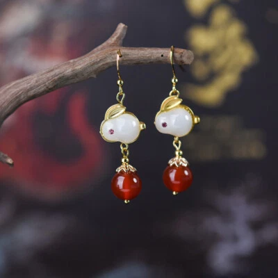 China Agate/Chalcedony/Alloy Animal Rabbit Tibetan Style Earbob Earrings - Image 1 of 4