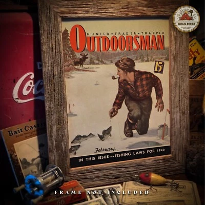 Vintage Ice Fishing Magazine Cover Poster Art Print Hunting Cabin Wall Decor