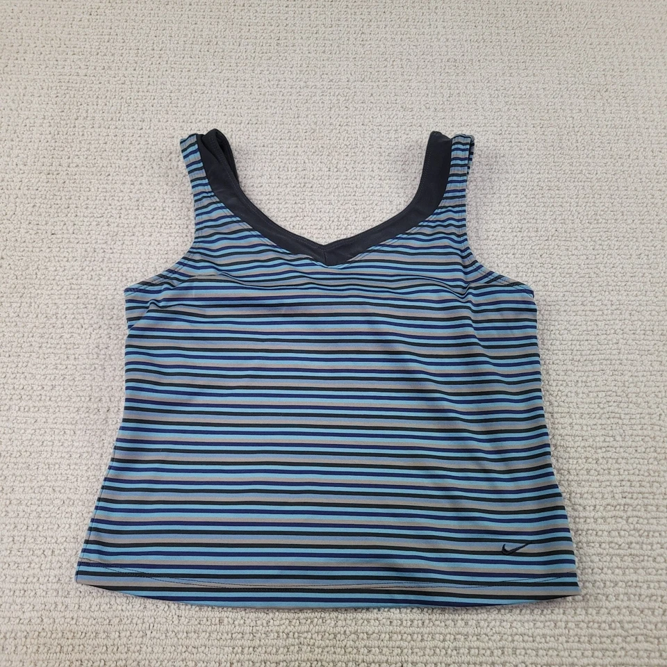 Camisa Nike para mujer mediana azul gris camiseta sin mangas a rayas correr correr logotipo Swoosh Foto 1 de 4