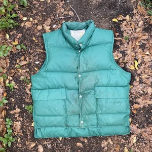 Vintage 70s LL Bean Goose Down Vest Men's Large Green Distressed Script Tag - Picture 1 of 9