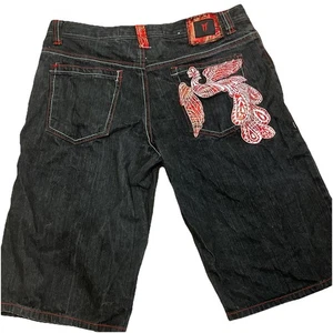 Four Fathers Y2K Tribal Baggy Skater  Embroidered Dark Wash Jorts 34 Vtg Hip Hop - Picture 1 of 10