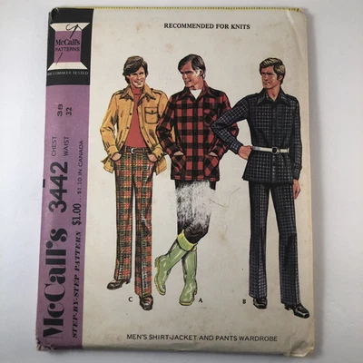 VINTAGE, RETRO, MCCALL'S, 1972, SHIRT, PANTS #3442, CHEST 38, WAIST 32, UNCUT - Image 1 of 2
