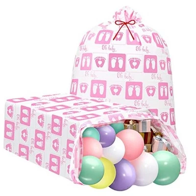  2 Pcs 80 x 60 in Jumbo Bike Gift Bags Extra Large Baby Footprint Plastic Pink - Image 1 of 4