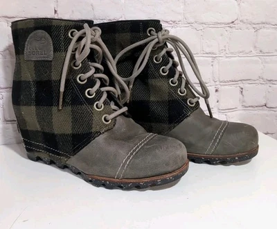 Bota xadrez SOREL PDX Lexie anabela escondida verde preta xadrez de búfalo feminina tamanho 8 - Imagem 1 de 4