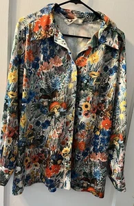 Vintage Fashion Coalition Button Down Shirt Large Colorful Mushrooms Wildflowers - Picture 1 of 6