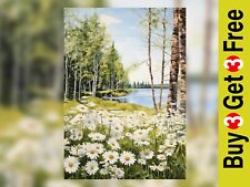 Tranquil Daisy Meadow Painting, Traditional Art Print 5"x7" on Matte Paper