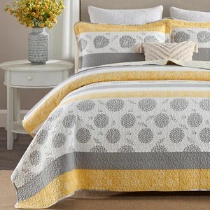 Quilt King Size-Comforter King Quilt Bedding Set,Yellow Gray White All Cotton Qu - Picture 1 of 7