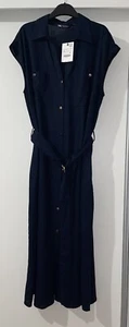 ZARA NAVY BLUE SLEEVELESS COLLARED LINEN BLEND BELTED SHIRT DRESS SIZE XL BNWT - Picture 1 of 9