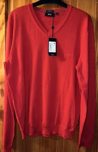 Hugo Boss Long Sleeve V Neck Jumper New Tags 100% Merino Wool Red Medium - Picture 1 of 11