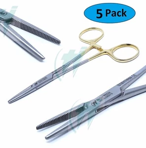 5 PCS GOLD HANDLE FULL SERRATED HEMOSTAT LOCKING FORCEPS 5" STRAIGHT PLIERS - Picture 1 of 3