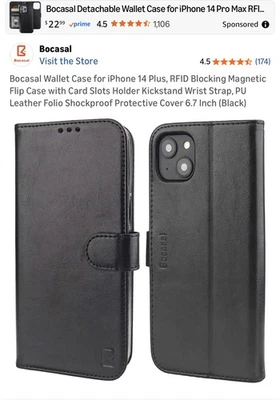 Bocasal 钱包式保护壳 适用于 iPhone 14 Plus,RFID 阻断磁性翻盖保护壳 — 第 1/4 张图片