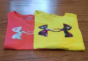 SET OF 2 UNDER ARMOUR LOOSE FIT GIRLS YOUTH SMALL LOGO T-SHIRTS YELLOW & ORANGE - Picture 1 of 7