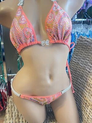 New Coral  Competition Bikini IFBB posing suit Npc Rhinestone Practice Suit - Image 1 of 4