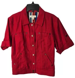 Coldwater Creek Jean Jacket Womens Sz P8 Red Linen Blend Button Down Roll-Up Tab - Picture 1 of 20