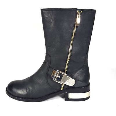 Botas para mujer Vince Camuto de cuero negro con hebilla de motociclista cremallera punta redonda 9,5 Foto 1 de 4