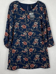 Forever 21 Blue & Pink Floral Lined Size MEDIUM Long Sleeve Dress NWT - Picture 1 of 9