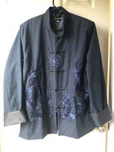Beijiasi - Navy Blue Polyester Mandarin Jacket - Heavy Embroidered Dragons - L - Picture 1 of 6