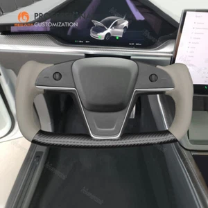 Funda de volante de fibra de carbono PU gris cuero auténtico para Tesla Yoke Model S Model X - Imagen 1 de 8