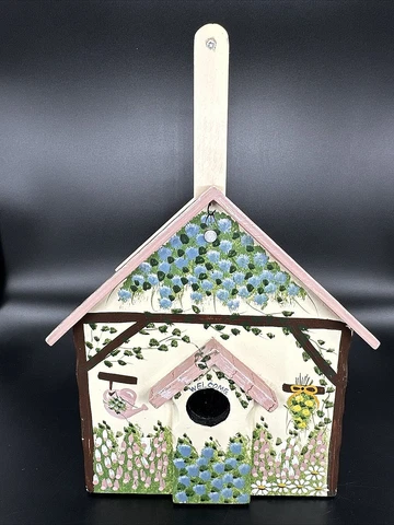 Signed Kathy Hatch Wood Birdhouse Decor Hand Painted Flowers Pink Blue Garden Cover