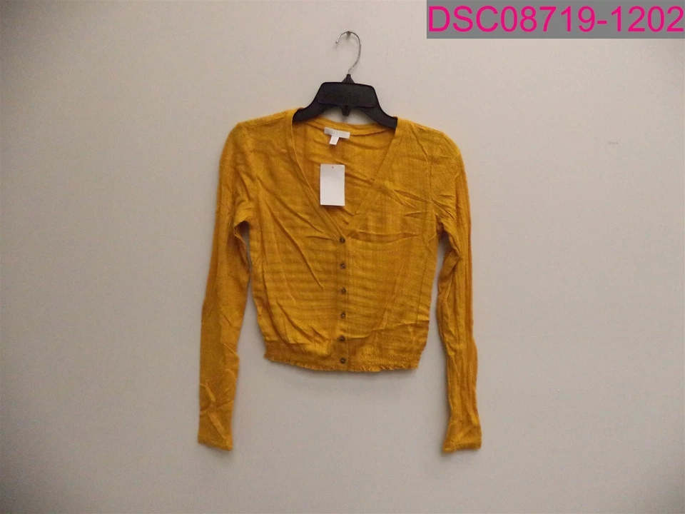 ABOUND Womens Sz S Pointelle Knit Crop Button up V-neck Sweater Yellow Treasure