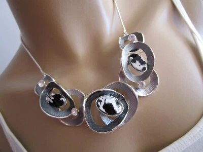 Damen Collier Hals Kette kurz Modekette Modeschmuck Silber Grau Schwarz Strass ß - Bild 1 von 4