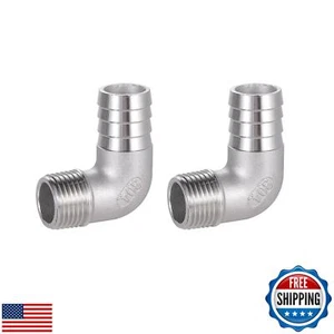 304 Stainless Steel Hose Barb Fitting, 5/8" Hose Barb to 1/2" NPT Male 90 Deg - Picture 1 of 5