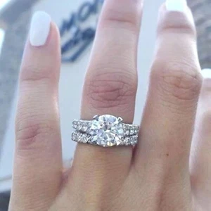 Moissanit Braut Set Verlobungsring massiv 14K Weißgold 3 Karat Rundschliff - Bild 1 von 2