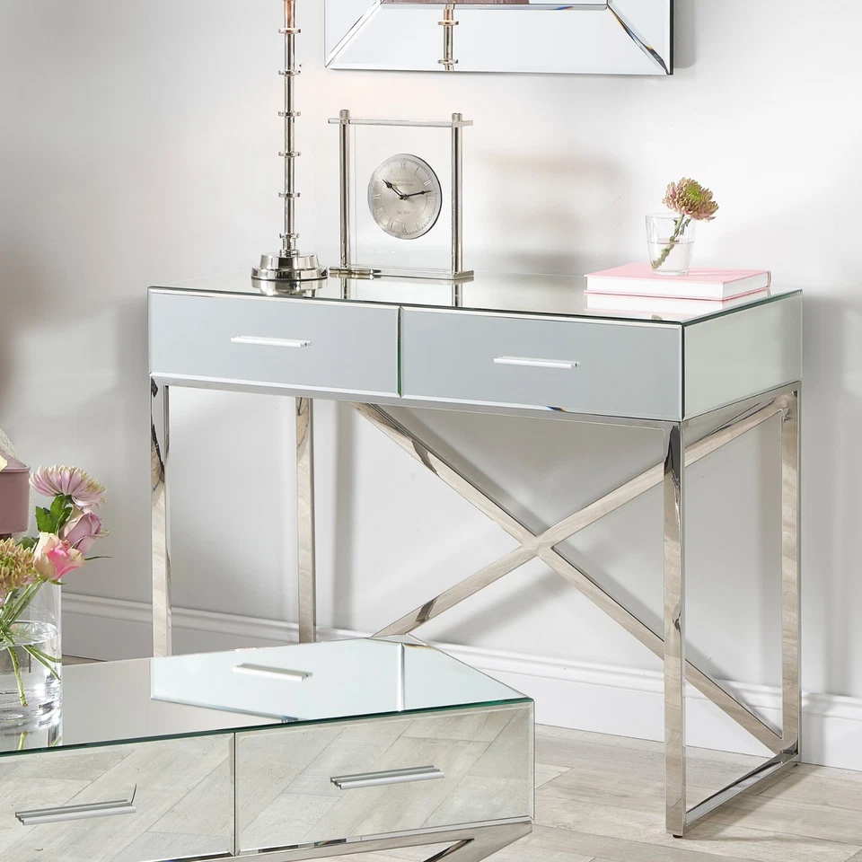 Mirrored Console Table with 2 Drawers X Frame Modern Hallway Table Cross Legs - Image 1 of 4