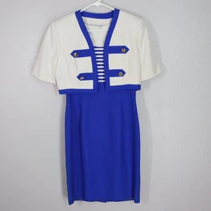 Vtg 80s Constance Saunders Dress 10 Blue White Silk Bolero Jacket Sheath Lined - Picture 1 of 24