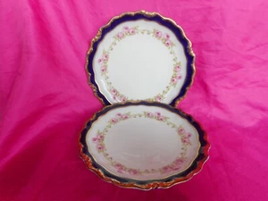 "Limoges 2 platos para pasteles rosas rosa azul cobalto dorado C. Ahrenfeldt 8,75" - Imagen 1 de 8