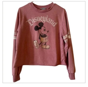 Disney Parks Womens Crop Sweater Pink Mickey Mouse Fleece Long Sleeve Crew Small - Picture 1 of 9