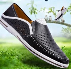 Men Driving Casual Moccasins Hollow Breathable Cow Leather Loafers Slip On Shoes - Picture 1 of 11