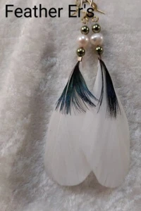 Handmade Feather Earrings 4 1/2" W/ Freshwater Pearls on Gold-Plated Ear Wire! - Picture 1 of 1