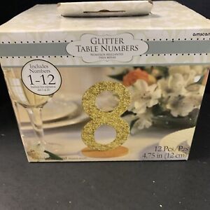 1, 12 Gold Glitter Table Numbers, Party Supplies, 12 Pieces 4.75 in