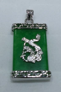 Green Purple Jade Black Agate White Gold Plate Dragon Rectangle Pendant Necklace - Picture 1 of 9
