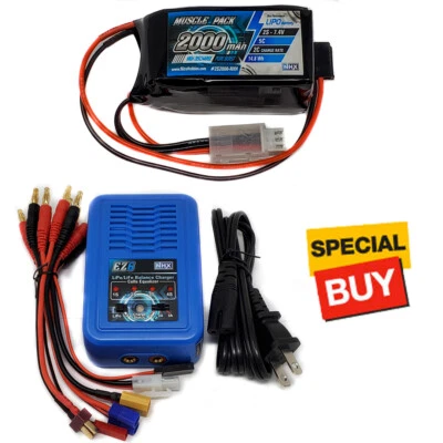 NHX Muscle Pack 2S 7.4V 2000mAh 5C Lipo Battery w/ Servo Plug / EZ6 Charger - Image 1 of 4