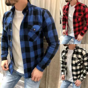 Mens Plaid Flannel Shirt Soft Button Down Collar Checker Pattern Chest Pocket CA - Picture 1 of 10
