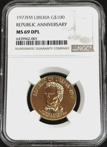 1977 FM GOLD LIBERIA 787 MINTED $100 REPUBLIC ANNIVERSARY NGC MINT STATE 69 DPL - Picture 1 of 2